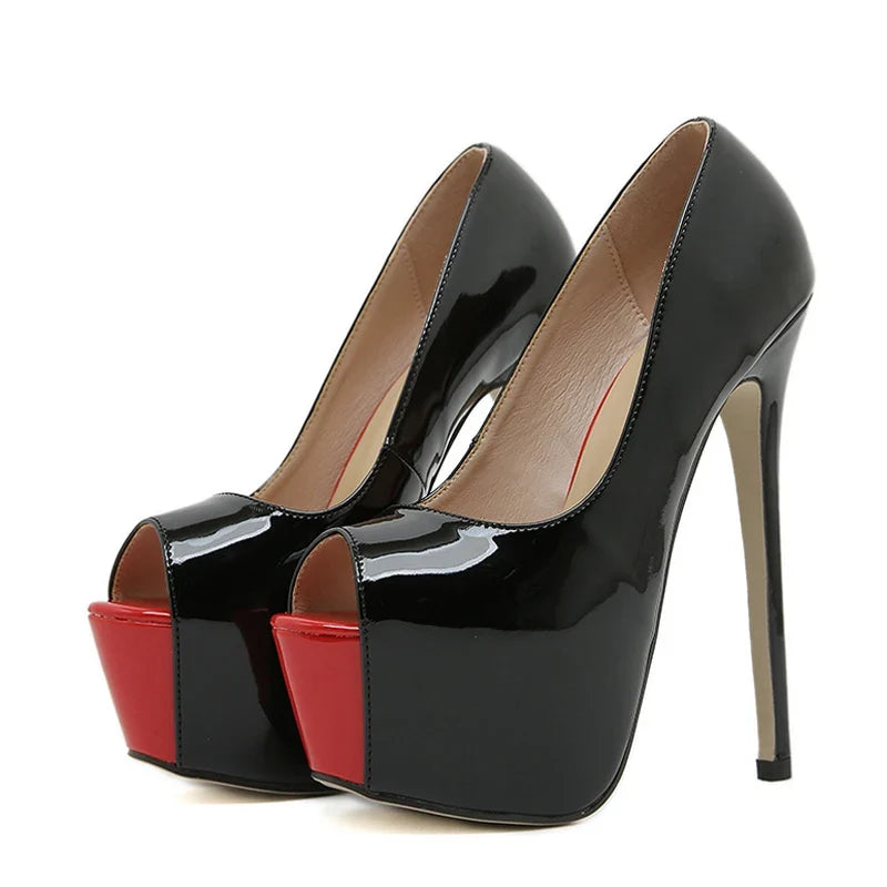 Sexy Black Red Patent Leather Peep Toe 16CM Extreme High Heels