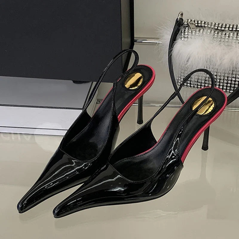 Designer Brown Patent Leather Sexy Pointed Toe Slingback Sandals