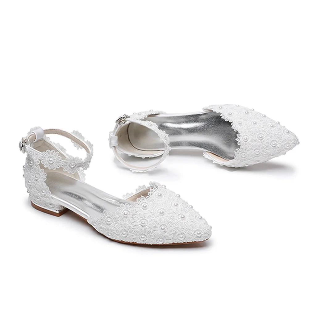 pointed toe hollow white pearl lace flower square heel wedding shoes banquet large size flat women sandals