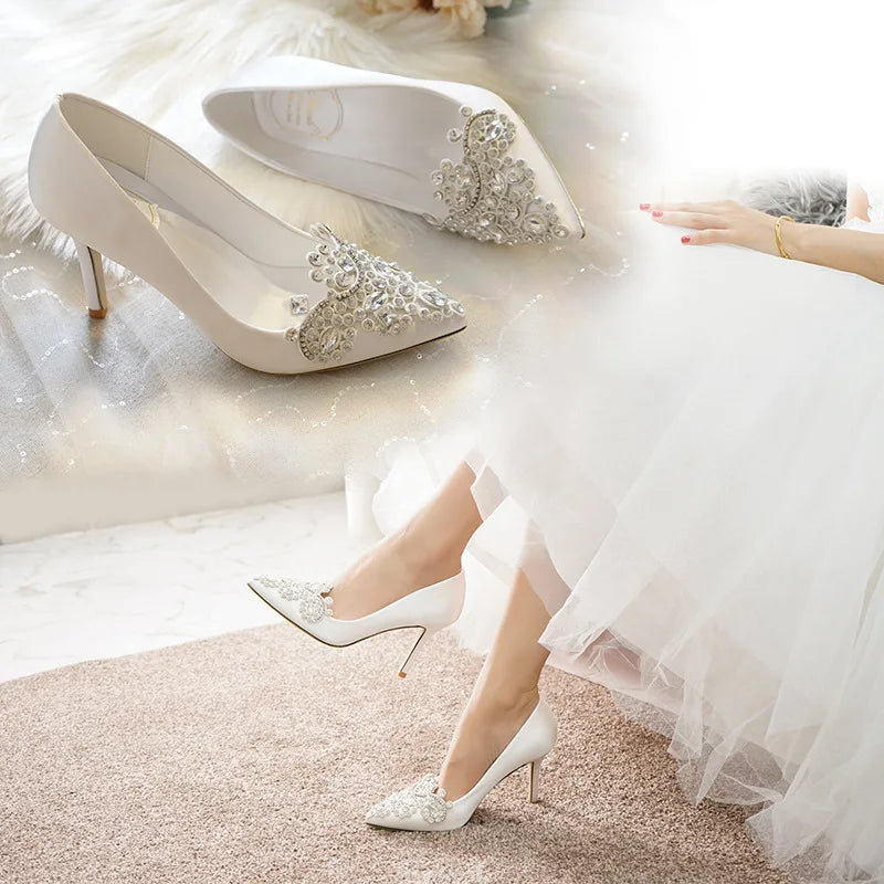 Spring pointed toe shallow silk surface rhinestone buckle wedding shoes banquet large size small size high-healed women's shoes