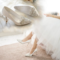 Spring pointed toe shallow silk surface rhinestone buckle wedding shoes banquet large size small size high-healed women's shoes