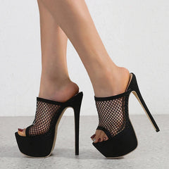 Peep Toe Platform Heels Black Mesh Slippers Summer Sandals