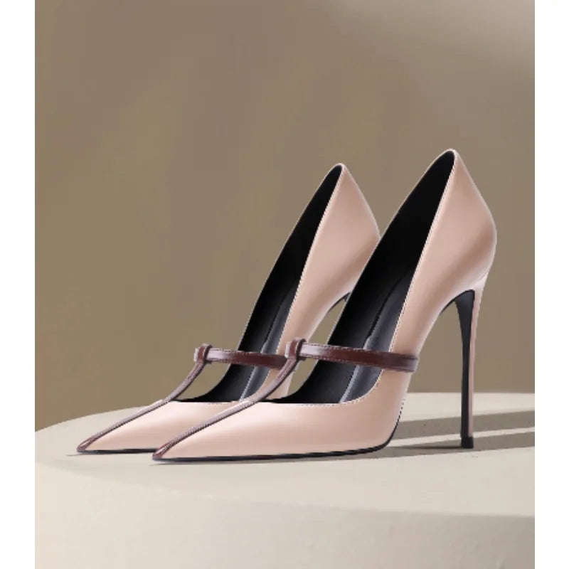 Style High Heels Women's Thin Heels T-shaped Straps Sexy Black Pointed Single Shoes Color blocked Splicing Single Shoes