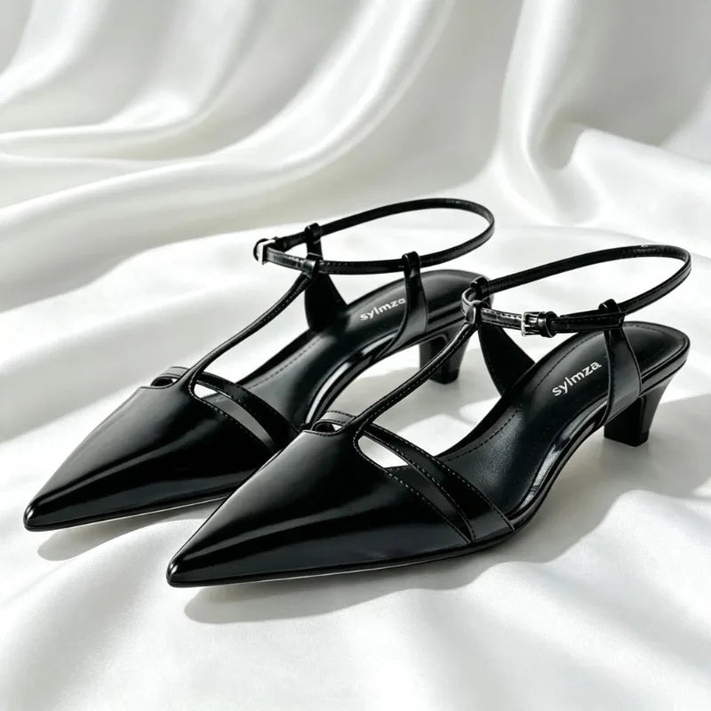 Sexy Pointed Toe T-strap Low Heel Pumps