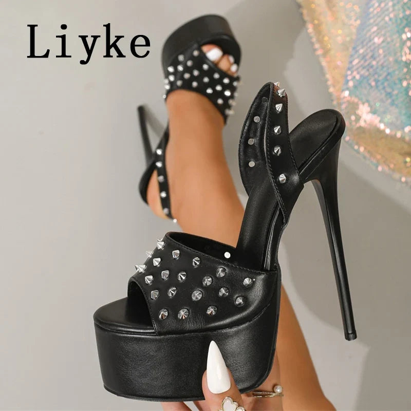 Design Metal Rivet Strap Platform Sandals