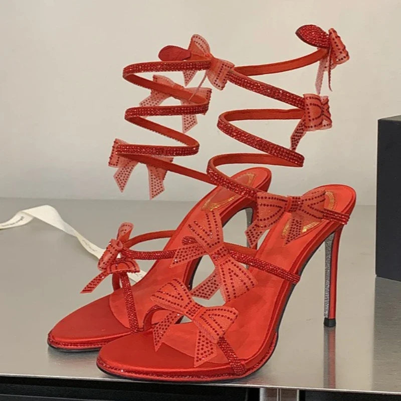 Shiny Rhinestone Bow Decorated Heeled Sandals