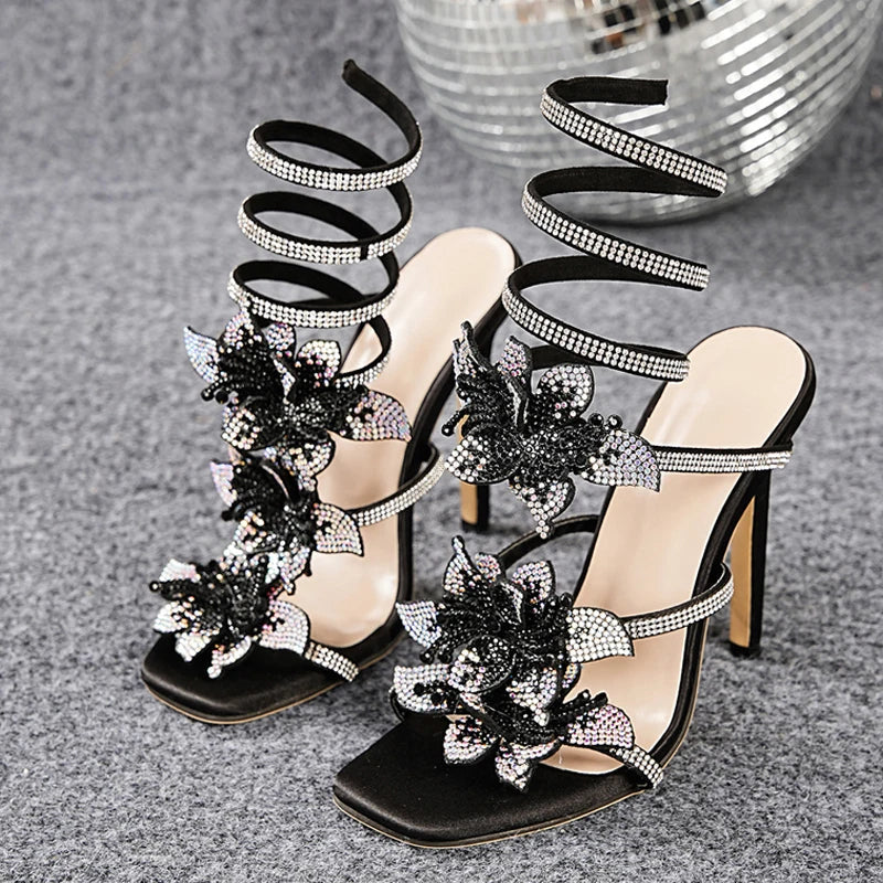 Gold Sexy Rhinestone Flower Thin High Heels