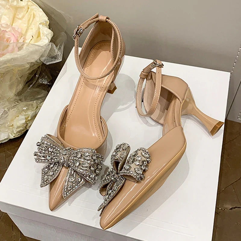 Rhinestone Bowknot High Heels Wedding Party Prom Shoes Elegant Pointed Toe Slingback Sandals