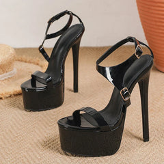 Black Patent Leather Buckle Strap Women Sexy 16CM Stiletto Sandals