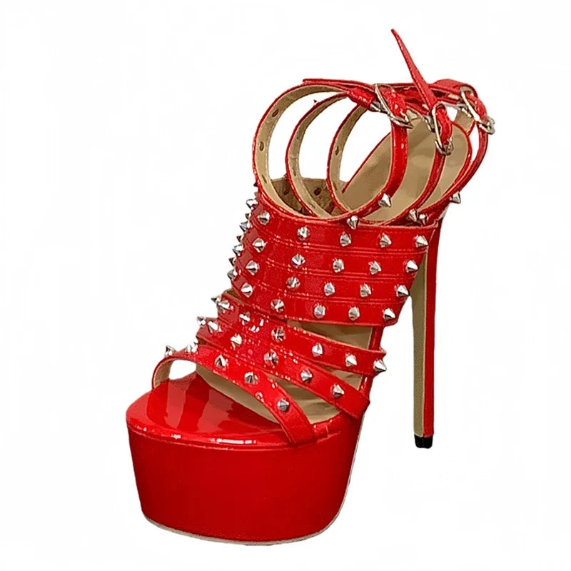 Design Metal Rivet Ankle Strap Platform Sandal Women Sexy Peep Toe 17CM Red High Heels Party Strip Pole Dance Shoe