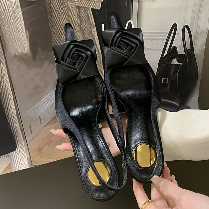 Design Satin Square Flower Pointed Toe Slingback Sandals