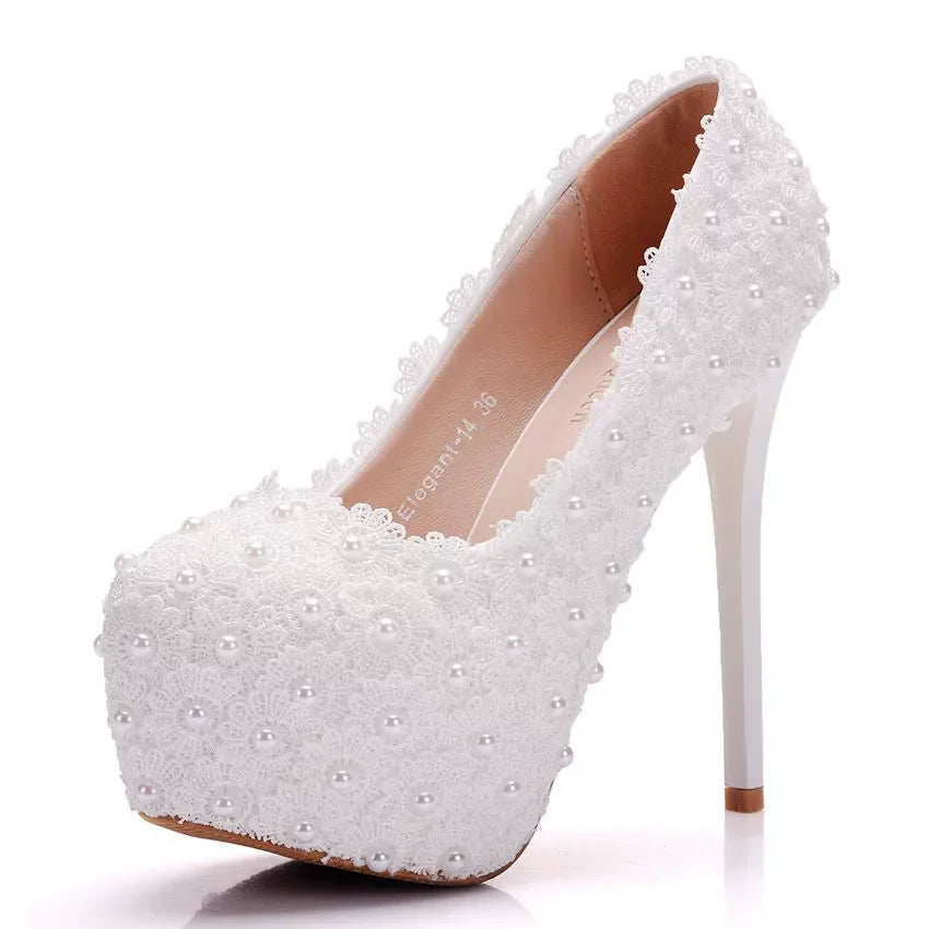 Spring round toe shallow pearl lace flower waterproof table wedding shoes banquet dress large size thin high-heeled women's shoe