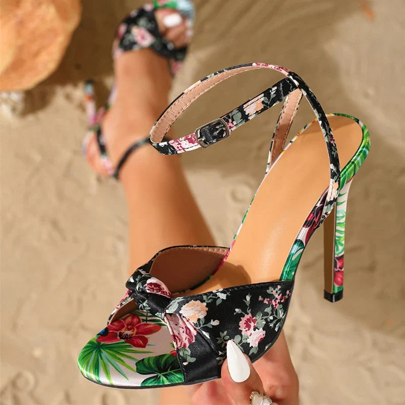Design Print Flower Silk Ankle Strap Sandals