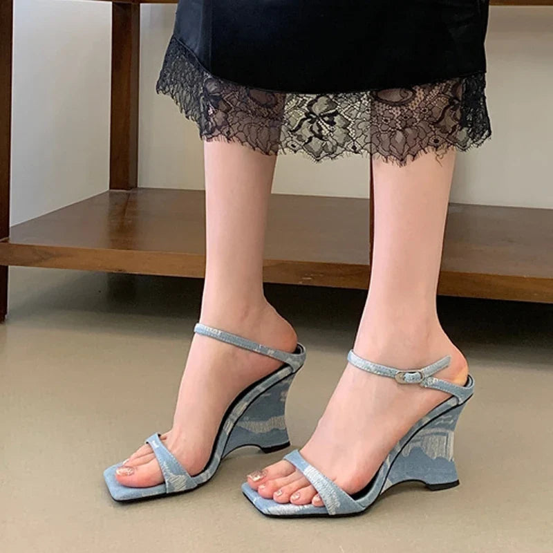 Strange Style Wedges Heels For Woman Blue Denim High Heeled Slippers Sandal Female Designer Slides Shoes Zapatos Mujer
