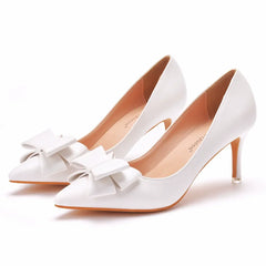 Spring pointed toe shallow mouth white leather bow low-heeled flat single shoes banquet large size thin high-heeled women's shoe