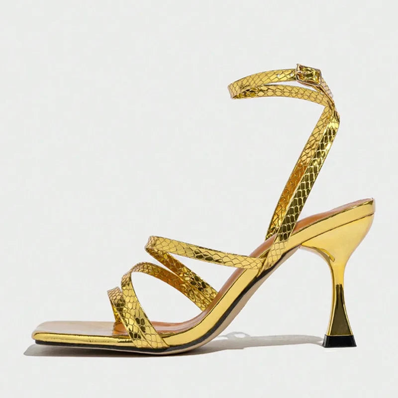 Sexy Snake Print Leather Ankle Strap Gold Sandals