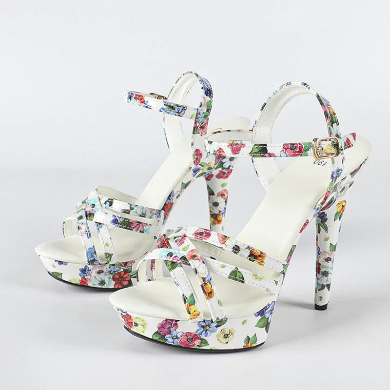 Design Print Leather Narrow Band Women Platform Sandal Sexy Peep Toe Super High Heels Banquet Party Shoes Size 43