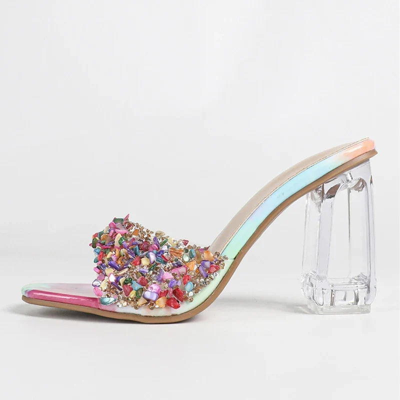 Mixed Colors Rhinestone Women Slippers Transparent Square Fretwork Heels Sandals