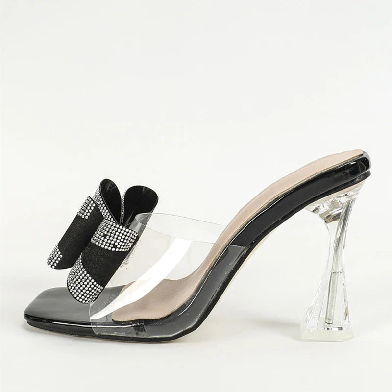 Summer Transparent Perspex High Heels Slippers Sexy Street Woman Square Toe Dress Shoes Crystal Bowknot Designer Sandals