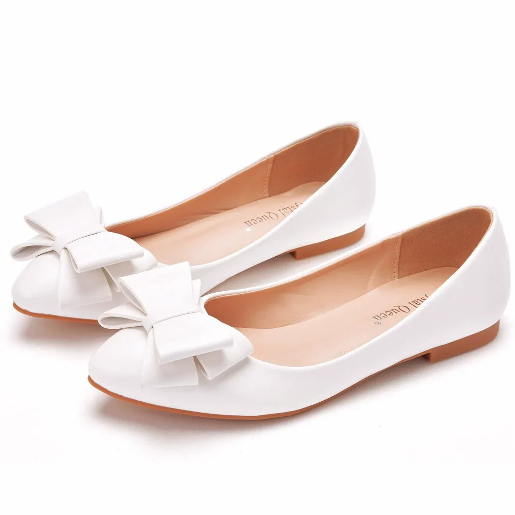 Spring pointed toe shallow mouth white leather bow low-heeled flat single shoes banquet large size thin high-heeled women's shoe