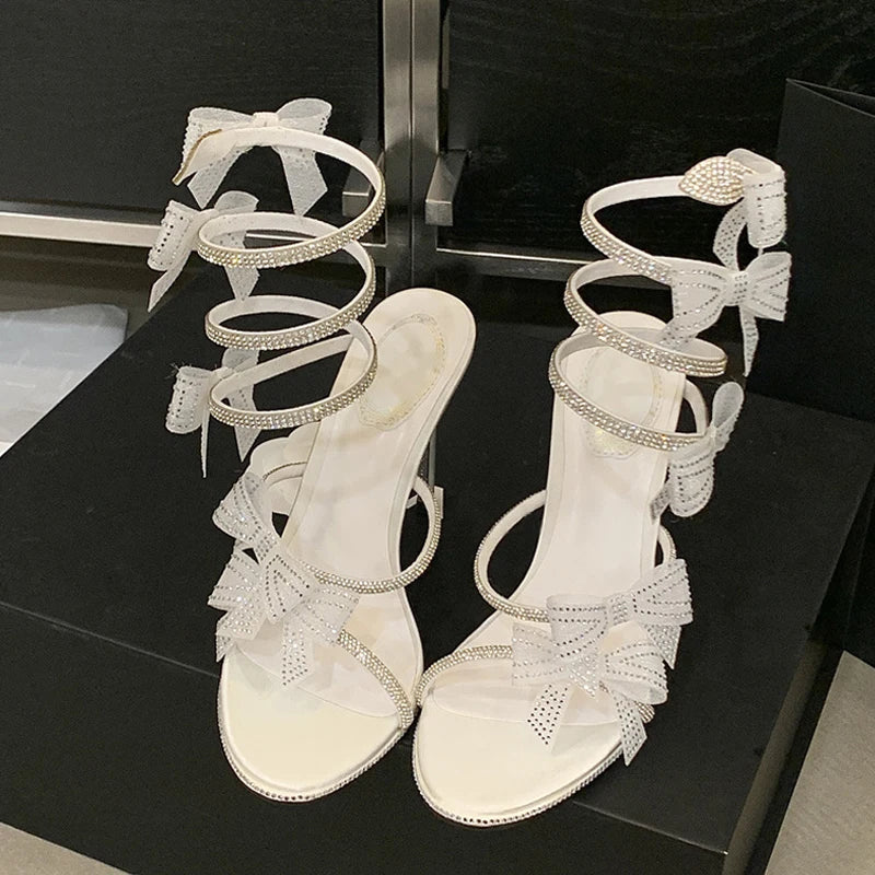 Rhinestones Mesh Bowknot Snake Coiled Women Gladiator Sandals