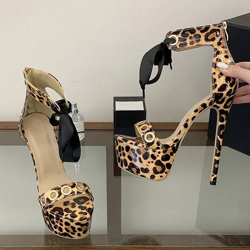 Hollow Out Metal Strap Sexy Leopard Print Platform Sandals