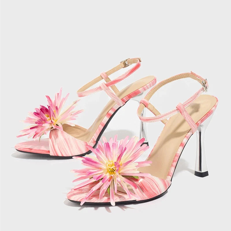 Flower Bud Open Toe Designer Sandal Female Buckle Strap Pink High Heels Party Prom Shoes Women Sandalias