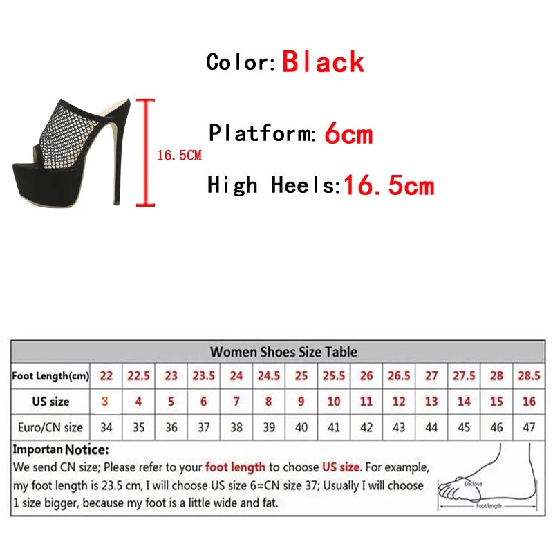 Peep Toe Platform Heels Black Mesh Slippers Summer Sandals