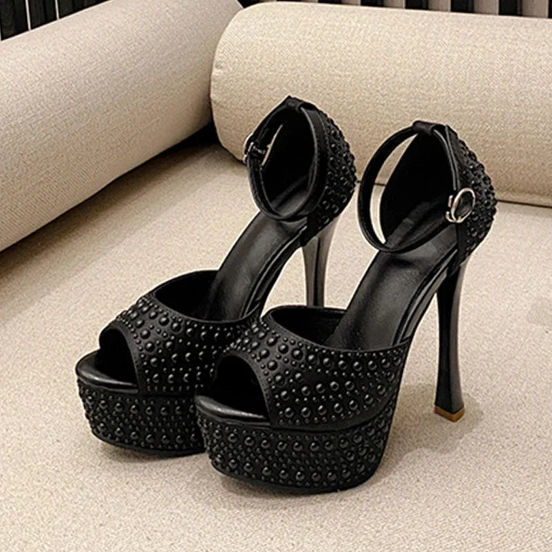 Designer Black Rhinestone Platform High Heels