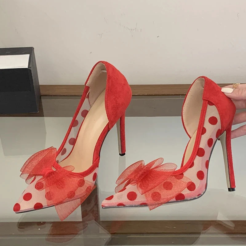Red Butterfly Knot Pointed Toe Slingback High Heels Wedding Prom Shoes Polka Dot Mesh Pumps