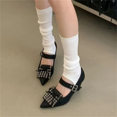Satin Butterfly-knot Rivet Pointed Toe Pumps