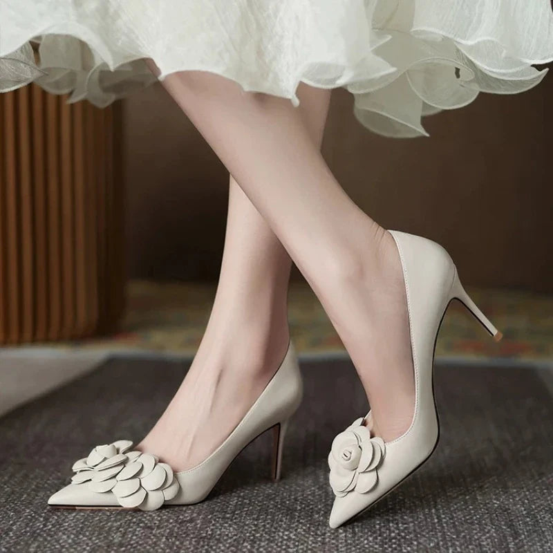 Cream White Camellia High Heels Pointed Toe Stiletto Pumps Elegant French Style Niche Design Party Wedding Shoes