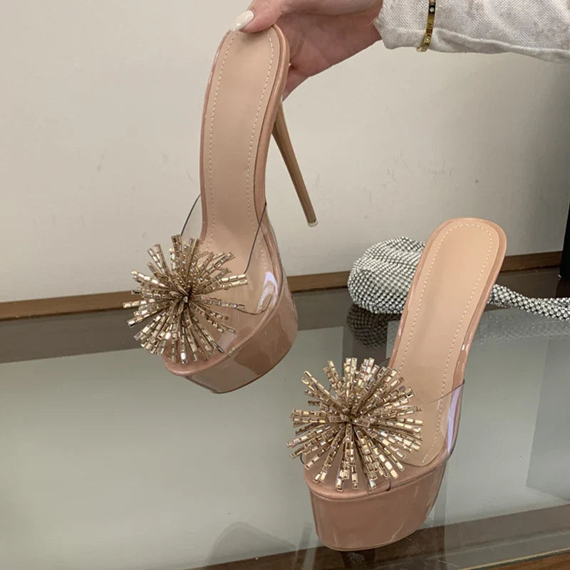 Design Rhinestone Flower Open Toe Show Platform High Heels Transparent Slippers