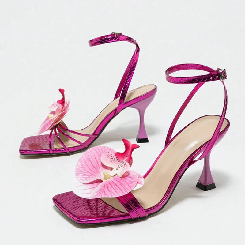 Elegant Purple Square Toe False Flower Designer Sandals
