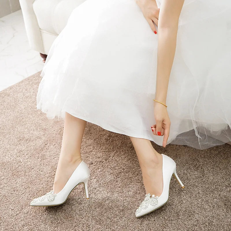 Spring pointed toe shallow silk surface rhinestone buckle wedding shoes banquet large size small size high-healed women's shoes