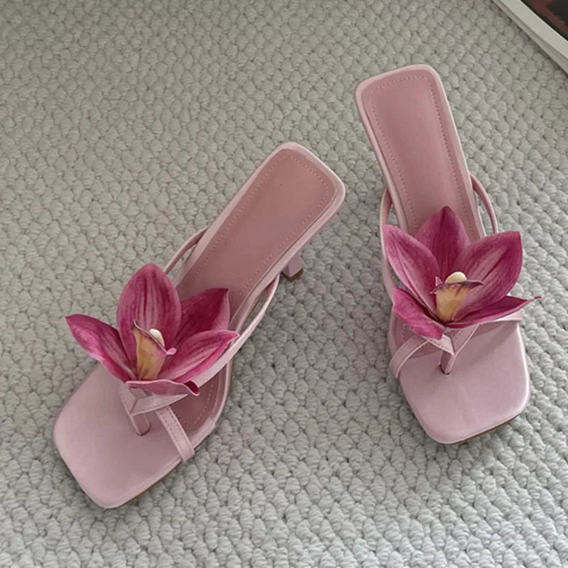 Orchid Flower Square Toe Party Prom Slippers For Woman Mules Shoes Pink Satin Clip On Low Heels Beach Flip Flops