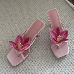 Orchid Flower Square Toe Party Prom Slippers For Woman Mules Shoes Pink Satin Clip On Low Heels Beach Flip Flops
