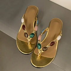 Bohemian Style Colour Gem Strap Designer Slides Women Clip Toe Wedge Slipper