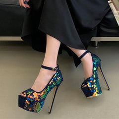 Sexy Peep Toe 17CM Extreme High Heels Party Club Stripper Shoes Mixed Colors Sequined Platform Pumps