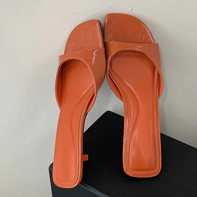 Orange Leather Designer Slides Women Beach Party Shoes Low Thin Heels Slippers Summer Square Toe Gladiator Sandals