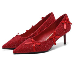 Red Pointed Toe Bow Decorated High Heels