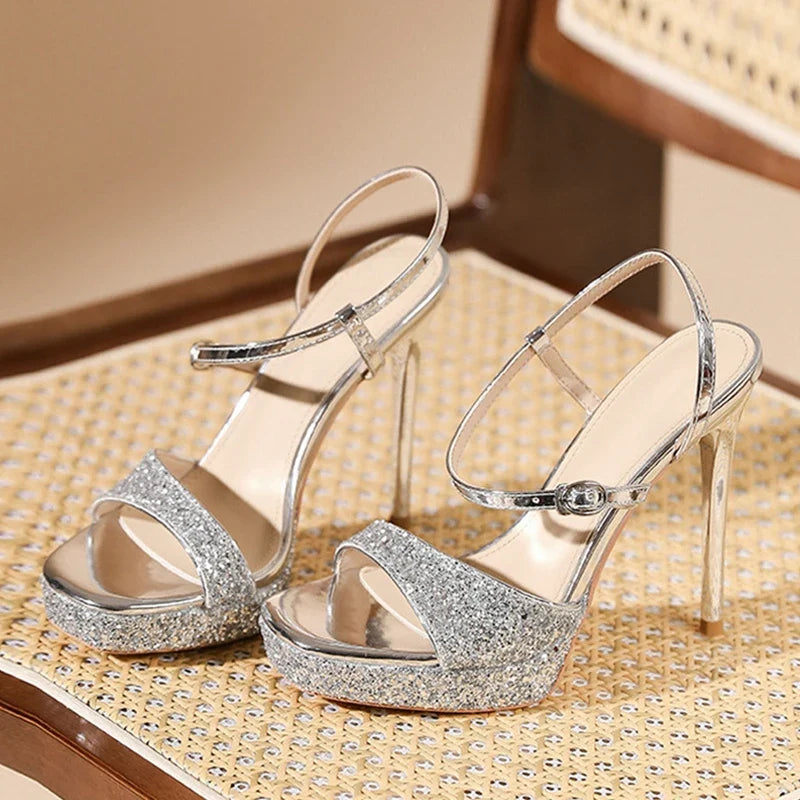 Gold Silver Sequined Platform Sandals