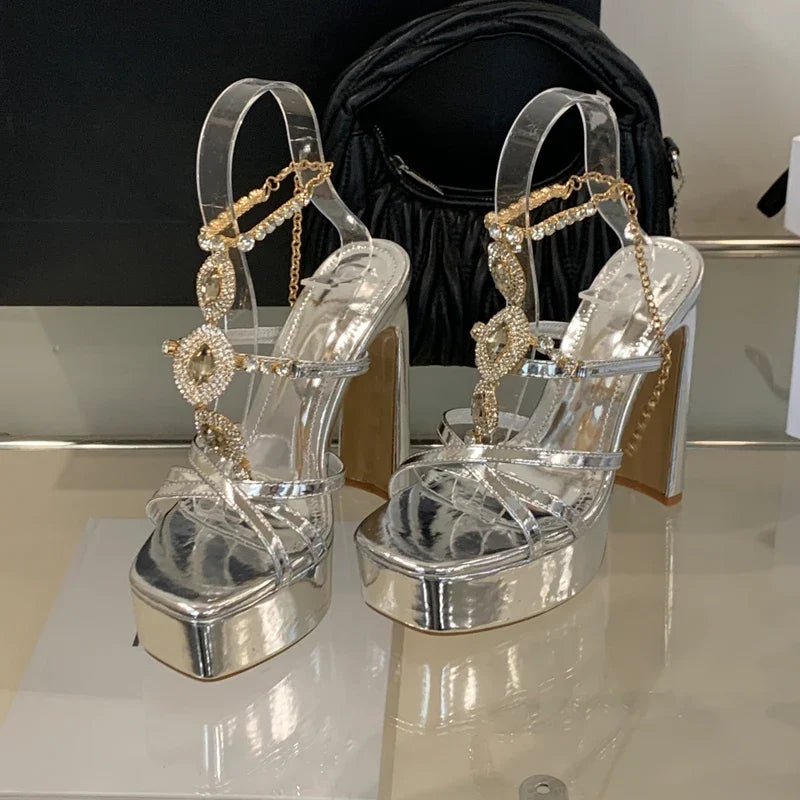 Sexy Crystal Metal Chain Buckle Strap Woman Sandals