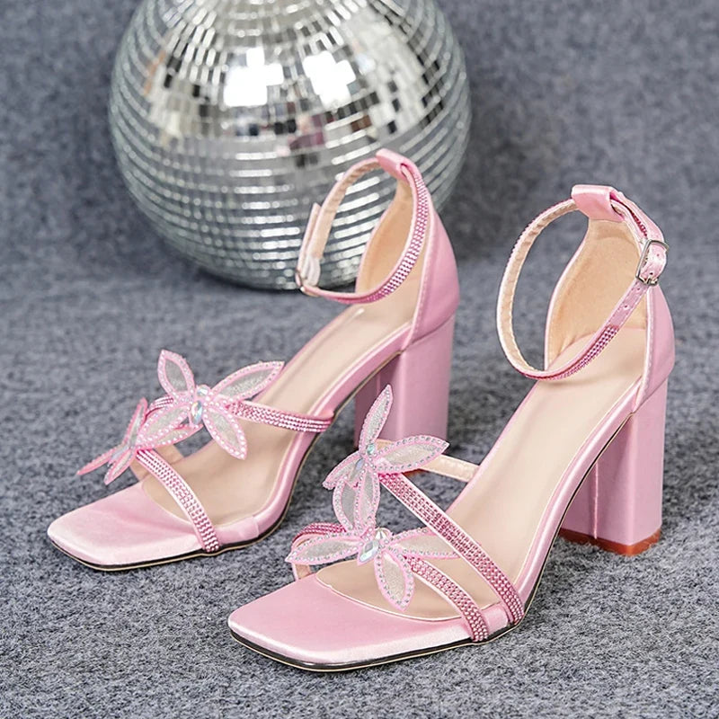 Pink Rhinestone Ankle Strap Sandals