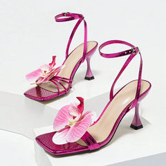 Elegant Purple Square Toe False Flower Designer Sandals