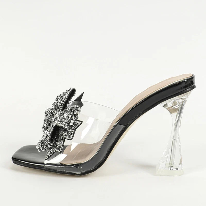 Silver Sequined Butterfly Knot Women Transparent Slippers Summer Square Toe Clear High Heels Sandals