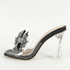 Silver Sequined Butterfly Knot Women Transparent Slippers Summer Square Toe Clear High Heels Sandals