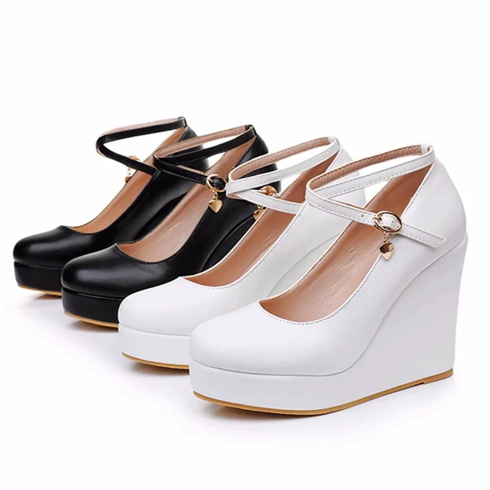 Wedge heel shoes spring white PU round toe cross-band wedding shoes