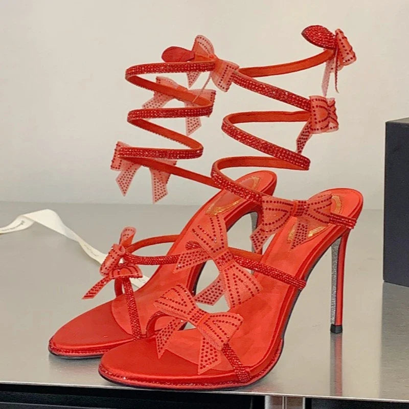 Shiny Rhinestone Bow Decorated Heeled Sandals