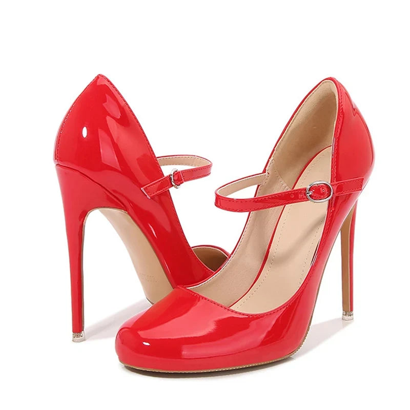 Patent Leather Round Toe Buckle Strap Office High Heels